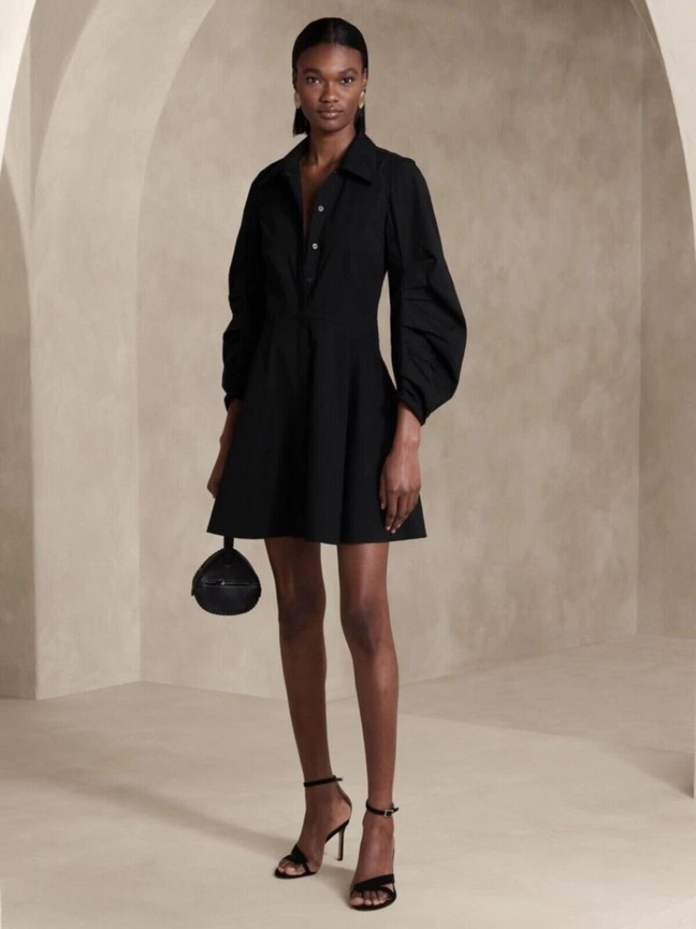 NWT Banana Republic M Black Paxton Poplin Mini Dress Statement Sleeves